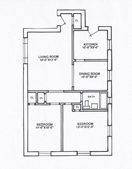 Floor plan for 2 beds, 1 bath, 861 sqft